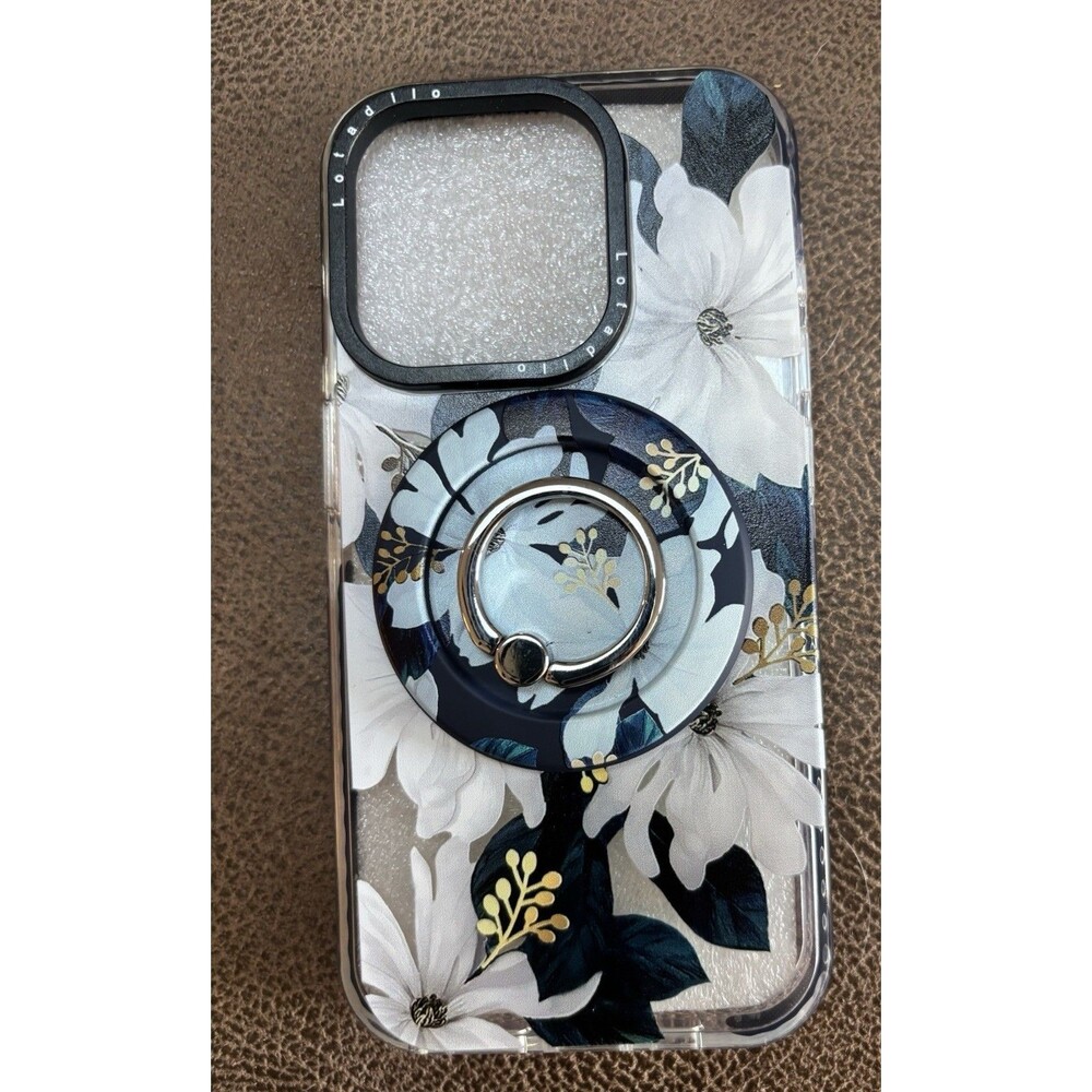 iPhone 15 Pro Case With Stand Boho Floral Magnetic Navy Blue White Feminine